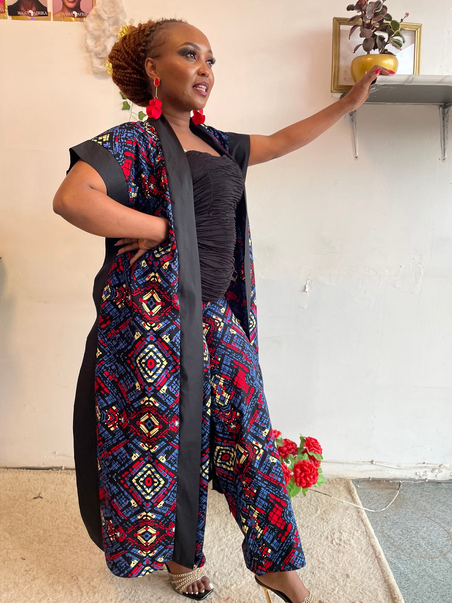 African Print  Kimono & Pants Set - Navy Geometric Diamond