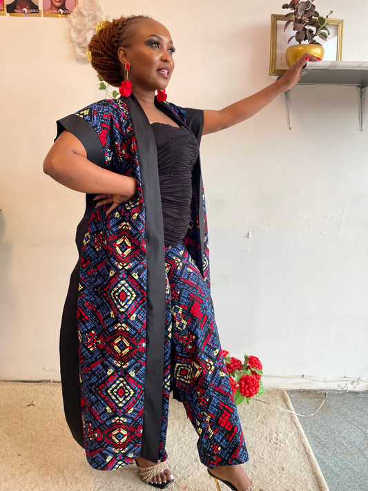 African Print  Kimono & Pants Set - Navy Geometric Diamond