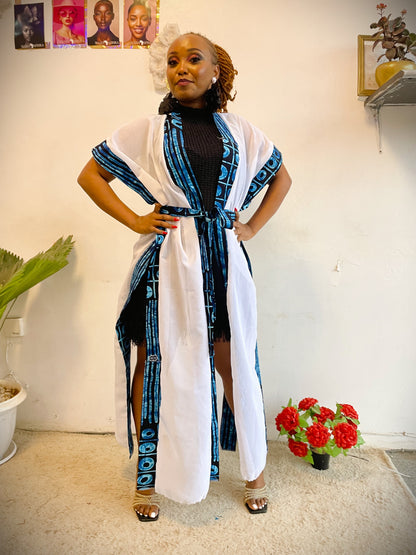 African Print Maxi Kimono - Blue Geometric Border