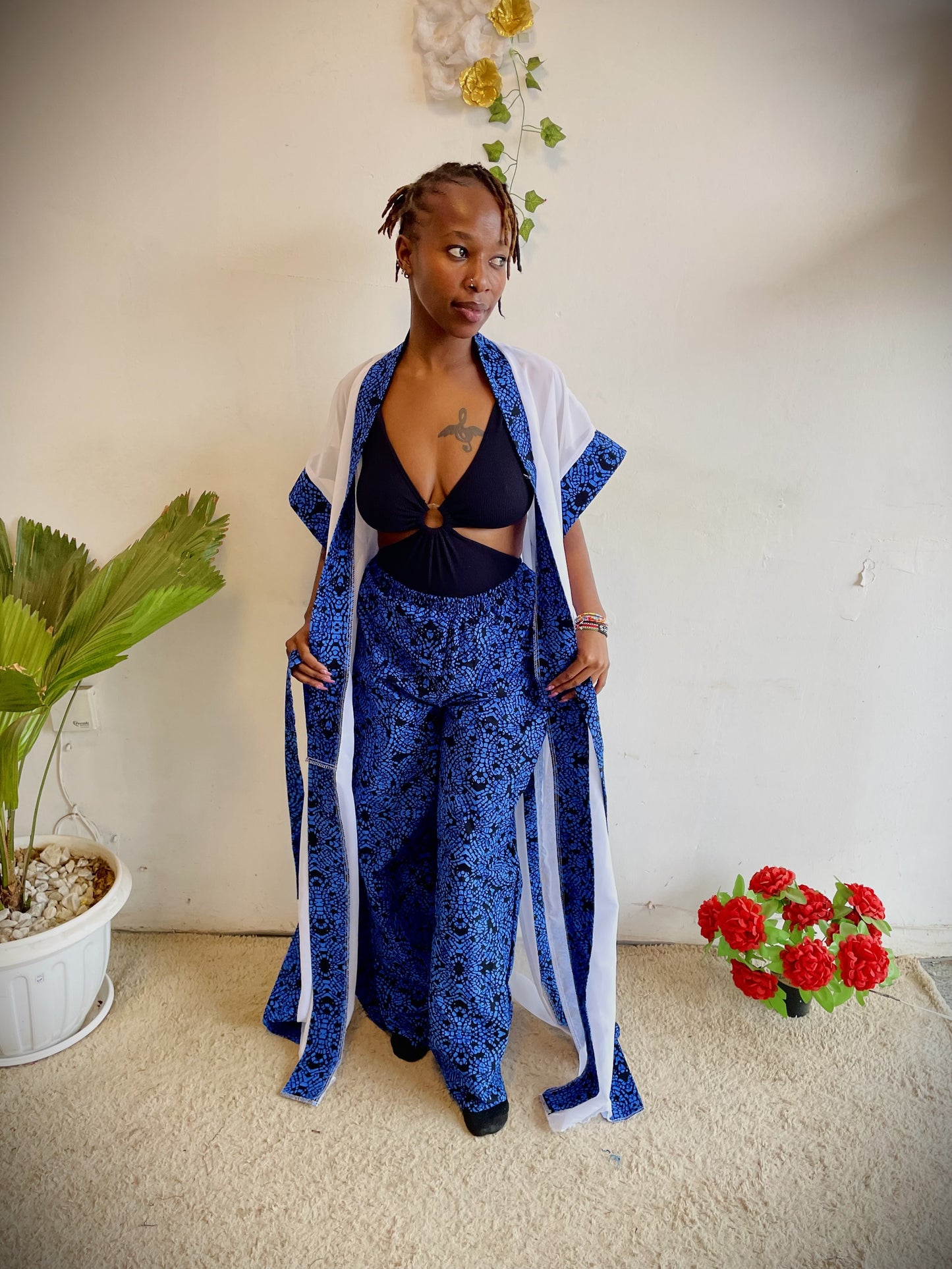 African Print  Pants & Kimono Set - Royal Blue Paisley