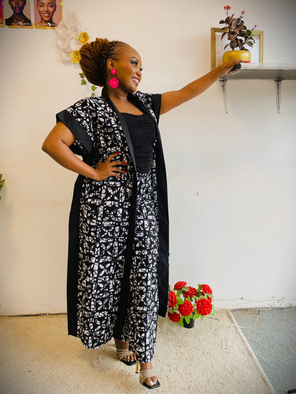 African Print Kimono & Pants Set - Black & White Floral
