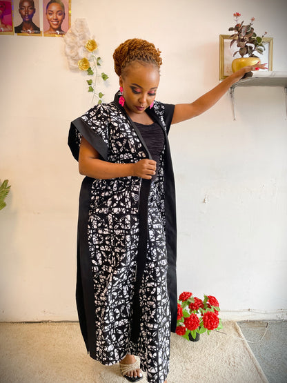 African Print Kimono & Pants Set - Black & White Floral