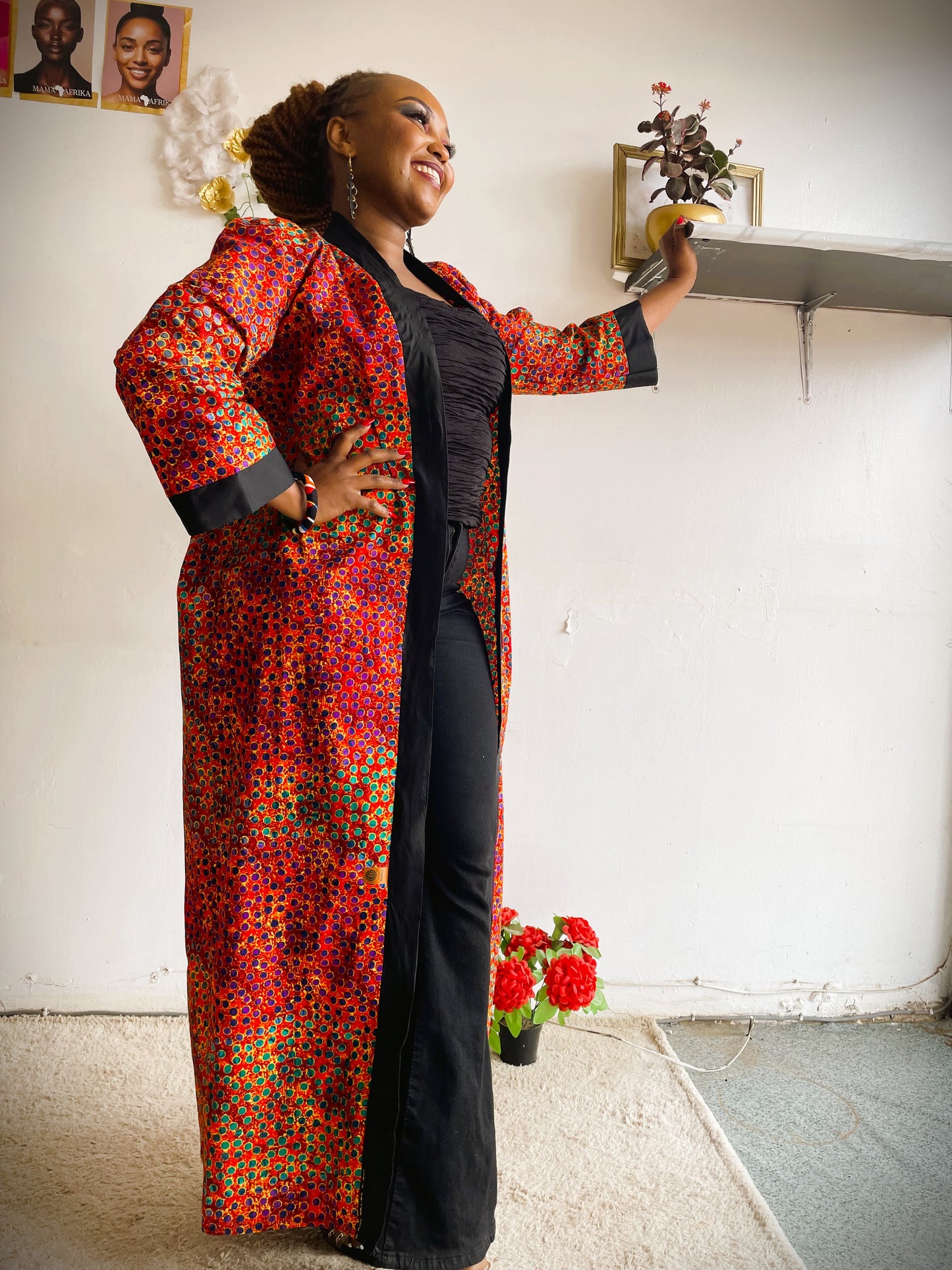 African Print Maxi Kimono - Red Multi-Pattern
