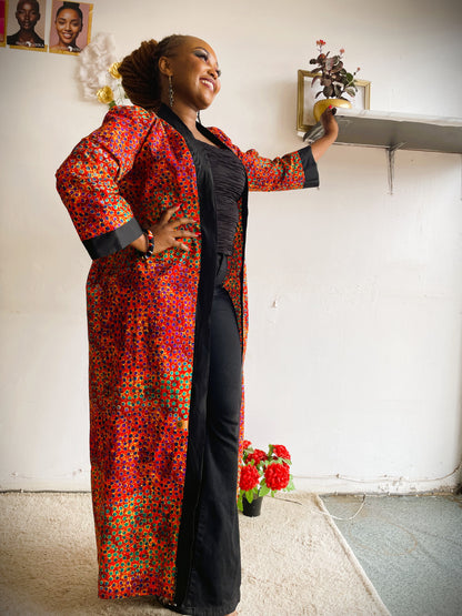 African Print Maxi Kimono - Red Multi-Pattern