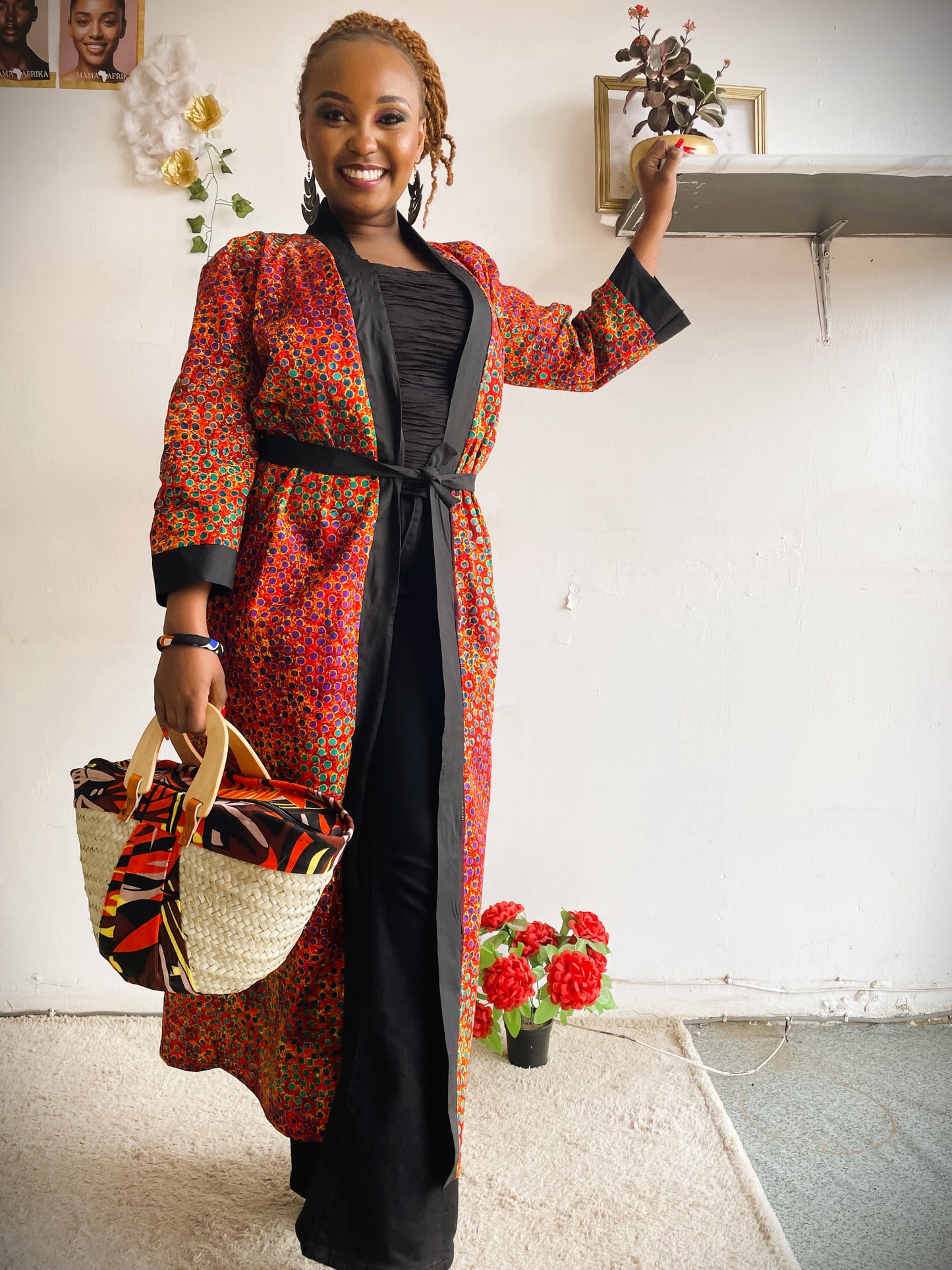 African Print Maxi Kimono - Red Multi-Pattern