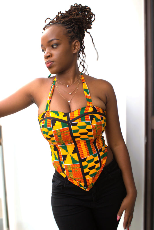 Halter-Neck Kente Print Boned Corset Top