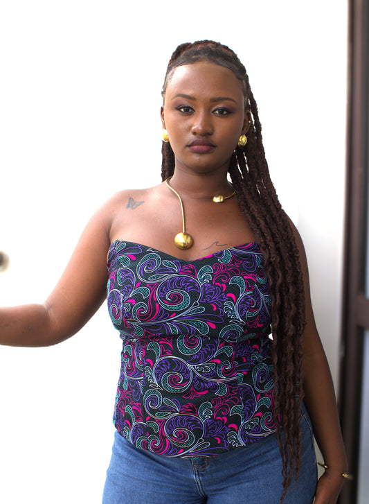 Strapless Ankara Purple Paisley Bustier Top