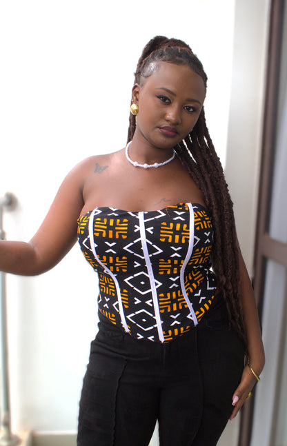 Strapless Mudcloth-Print Boned Corset Top