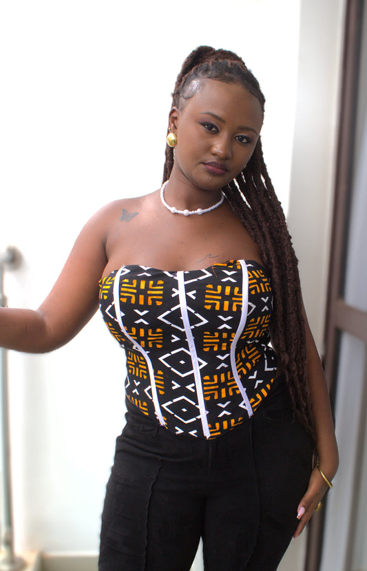 Strapless Mudcloth-Print Boned Corset Top