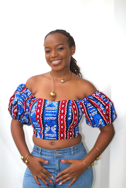 Off-the-Shoulder Ankara Puff Sleeve Crop Top