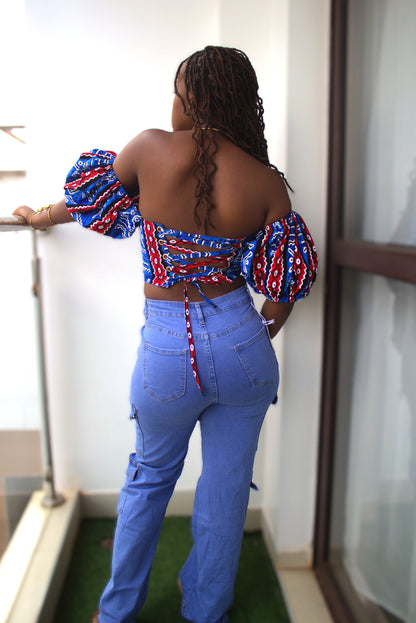 Off-the-Shoulder Ankara Puff Sleeve Crop Top