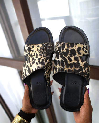 Leopard Print "H" Strap Slide Sandals