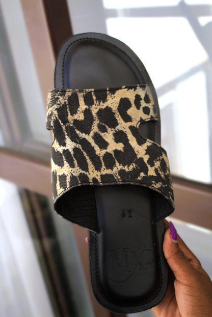 Leopard Print "H" Strap Slide Sandals